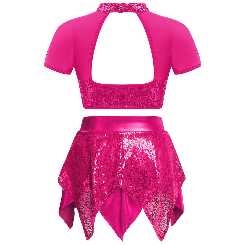 Mädchen Jazz Tanz Outfit Mock-Ausschnitt Kurzarm Mesh Patchwork Cutout Rücken Glänzende Pailletten Crop Top Rock mit unregelmäßigem Saum