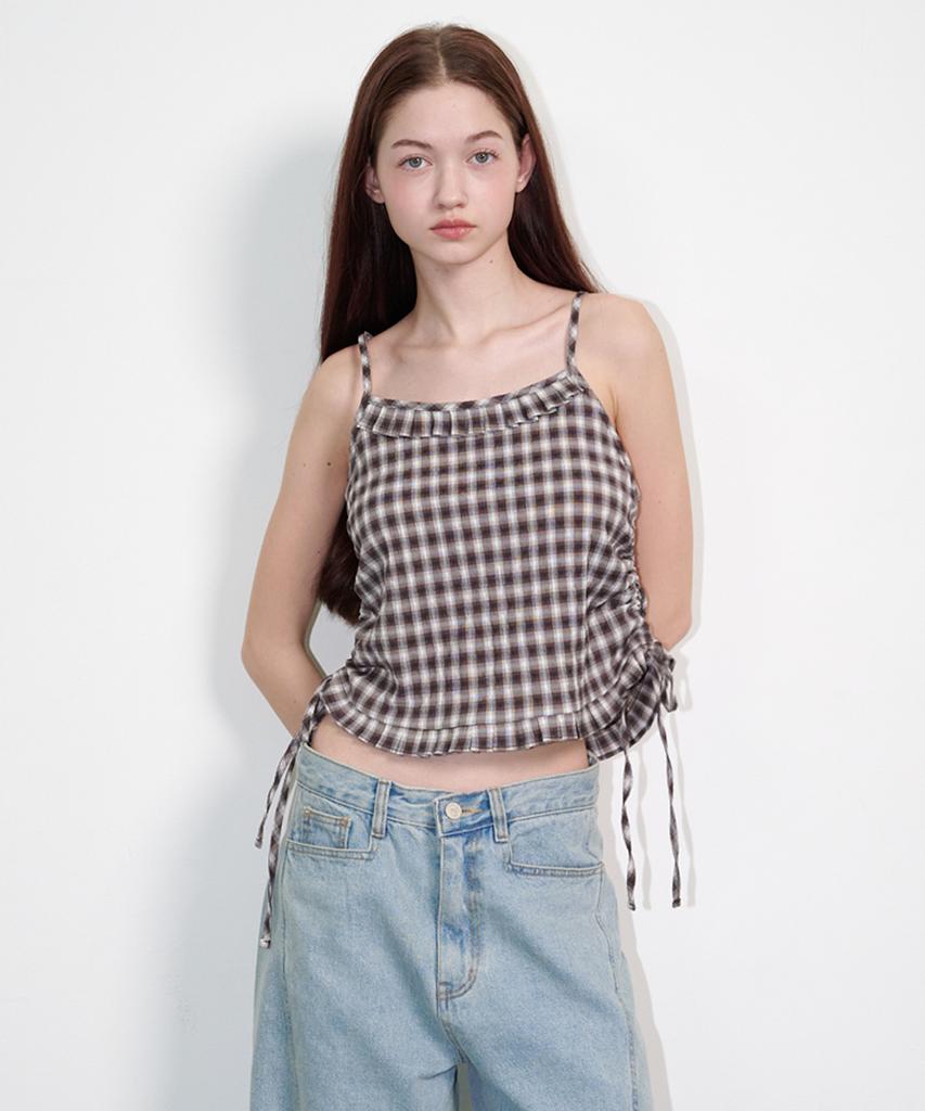 OPENING SUNSHINE Check Side String Sleeveless Top Brown