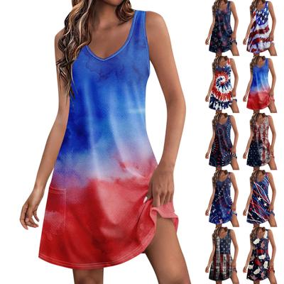 Women's Casual Independent Day Printed Dress With V-neck Vest And Pocket Beach Dress