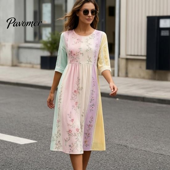 Fashionable Vacation Dresses for Ladies Long Sleeve Floral Dress, Women Cottagecore Waist Cinching Casual Autumn with Sleeves Midi Dress Street Party