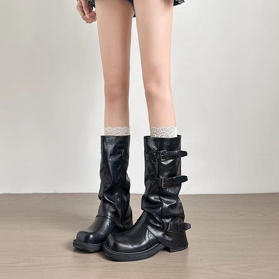 Super soft stack knight pleated boots retro medium tube belt buckle thick sole heightening trouser boots 2025 autumn and winter new