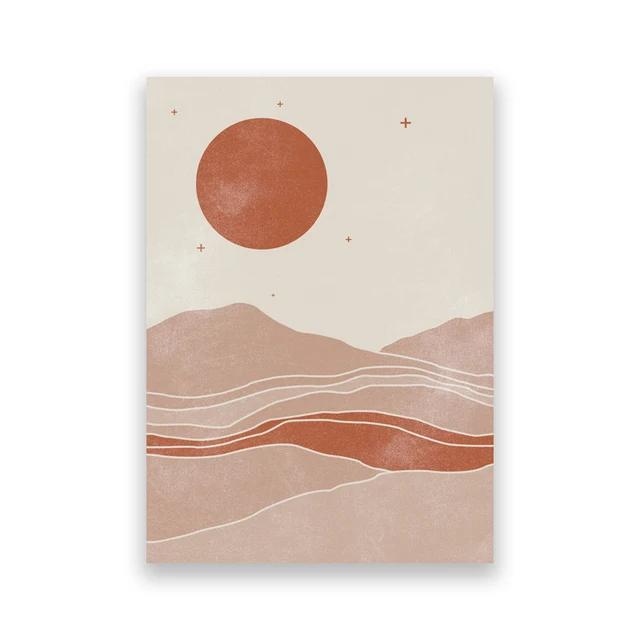 Mid Century Sun Moon Boho Wall Art Terracotta Abstract Landscape Canvas Print for Living Room and Bedroom Decor