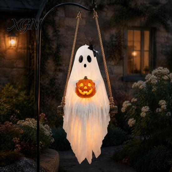 Halloween Party Supplies Lighted Ghost Swing with Glowing Pumpkin, Hanging Spooky Decor Realistic Scary Home Accents for Porch Yard, LED Floating