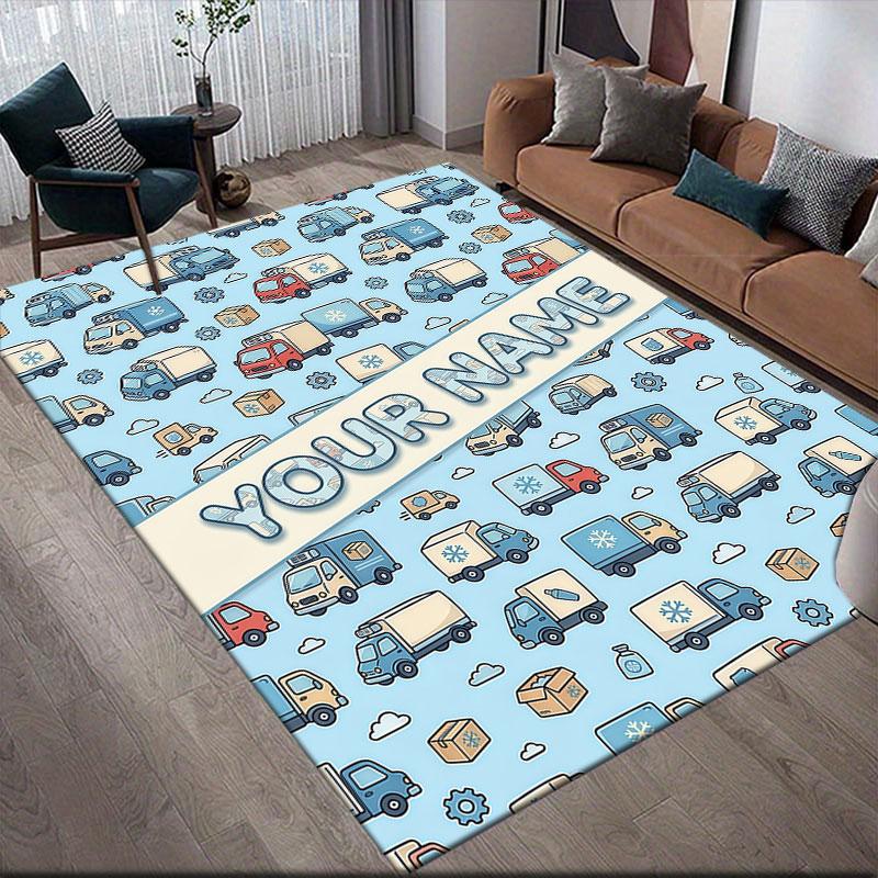 Custom Name,Cartoon Car Pattern Series Home Sofa Decoration for Living Room & Bedroom, Non‑Slip Play Flannel Floor Mat for Game Room
