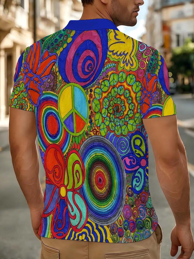 [Printed Design - Not Textured] Royal Blue Collar Hippie Peace Sign Rainbow Swirl Flower Bird All-Over Print Men'S Short Sleeve Polo Shirt