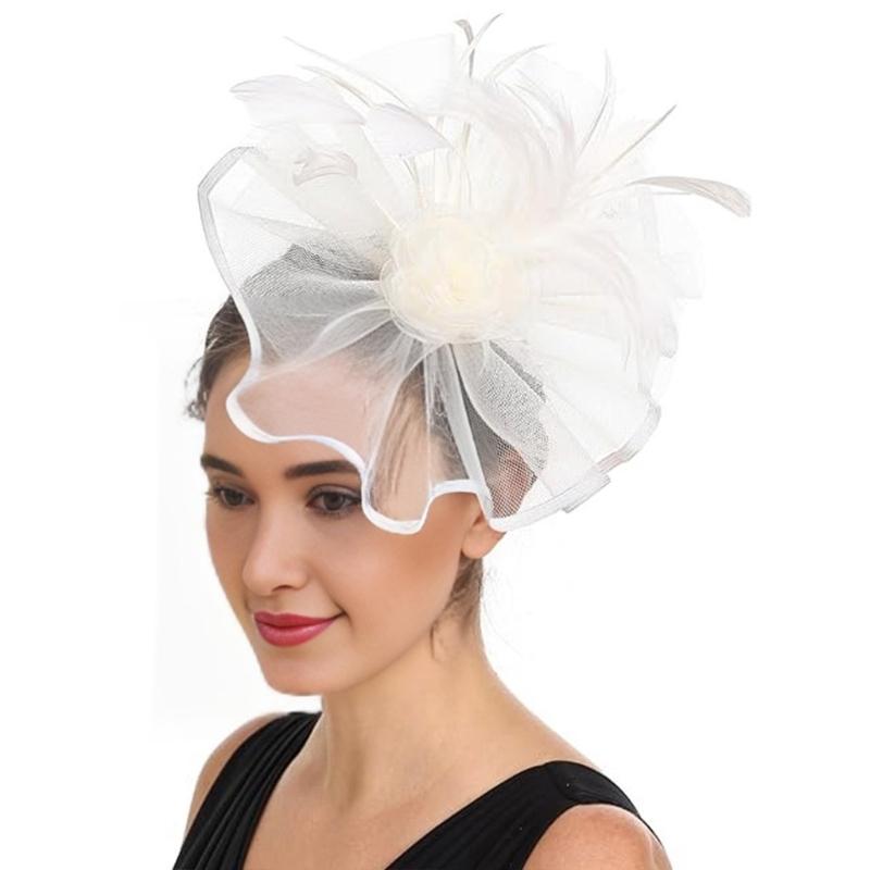 Elegant Feathered Tulle Fascinator Hat with Hair Clip For Women Church Wedding Party Bridal Shower Headpiece Accessory