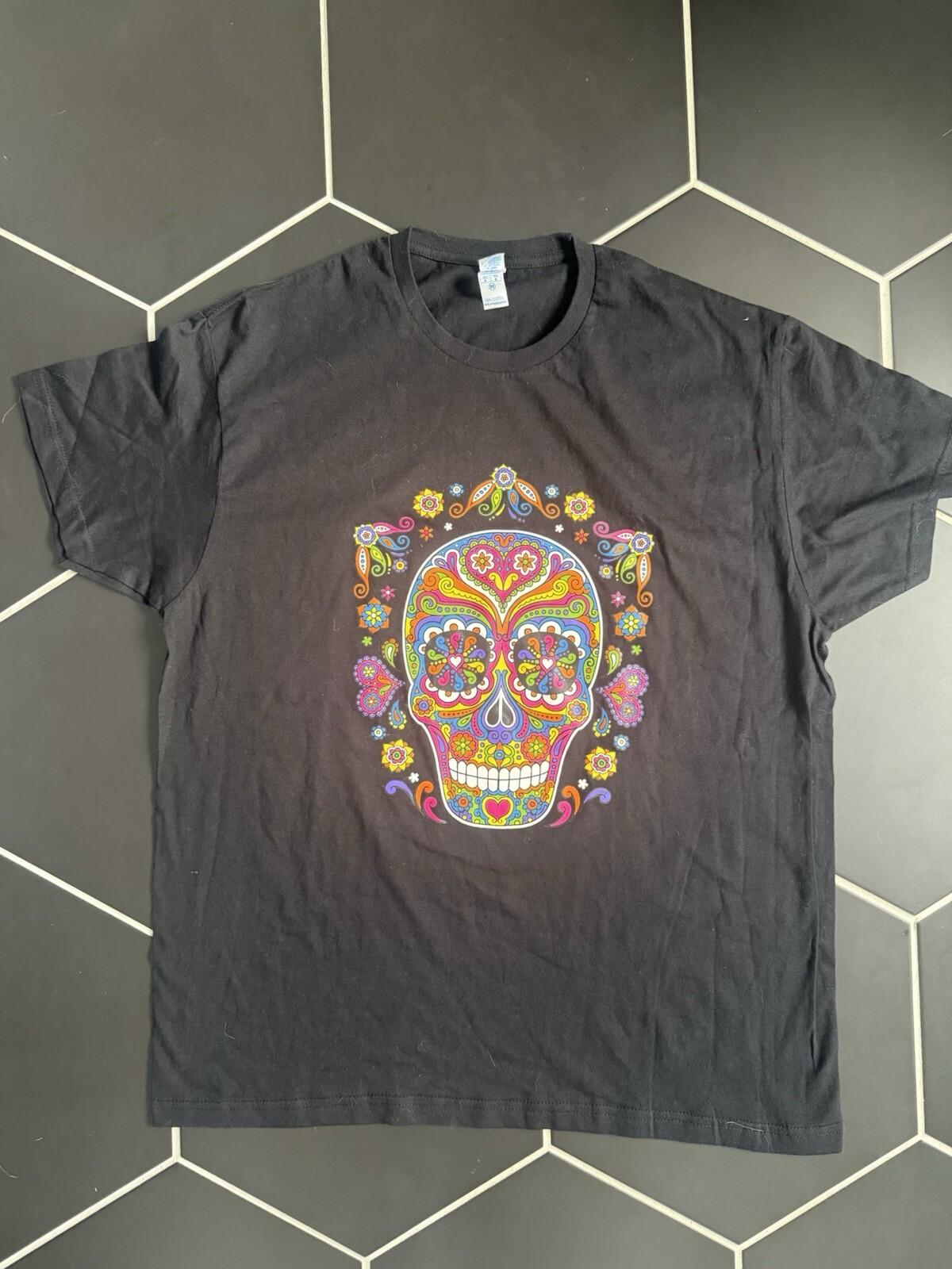 Sugar Skull Day Of The Dead Black T-Shirt Tee Colorful 100% Cotton Size Medium S