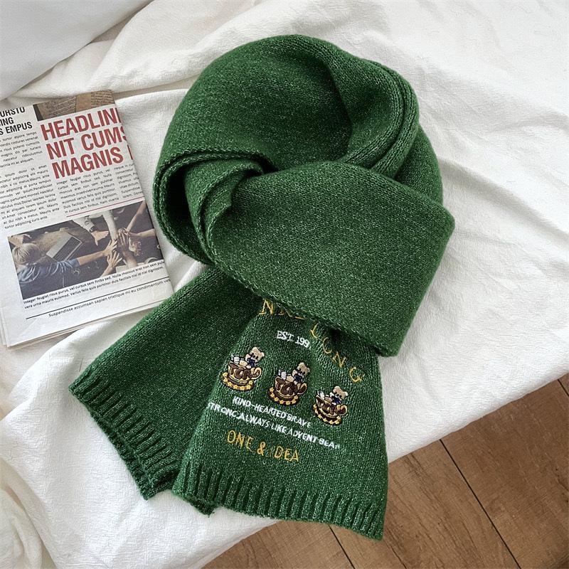 Cute Bear Embroidered Wool Cartoon Scarf Female Autumn and Winter Warm Student Couple Versatile Knitted Scarf