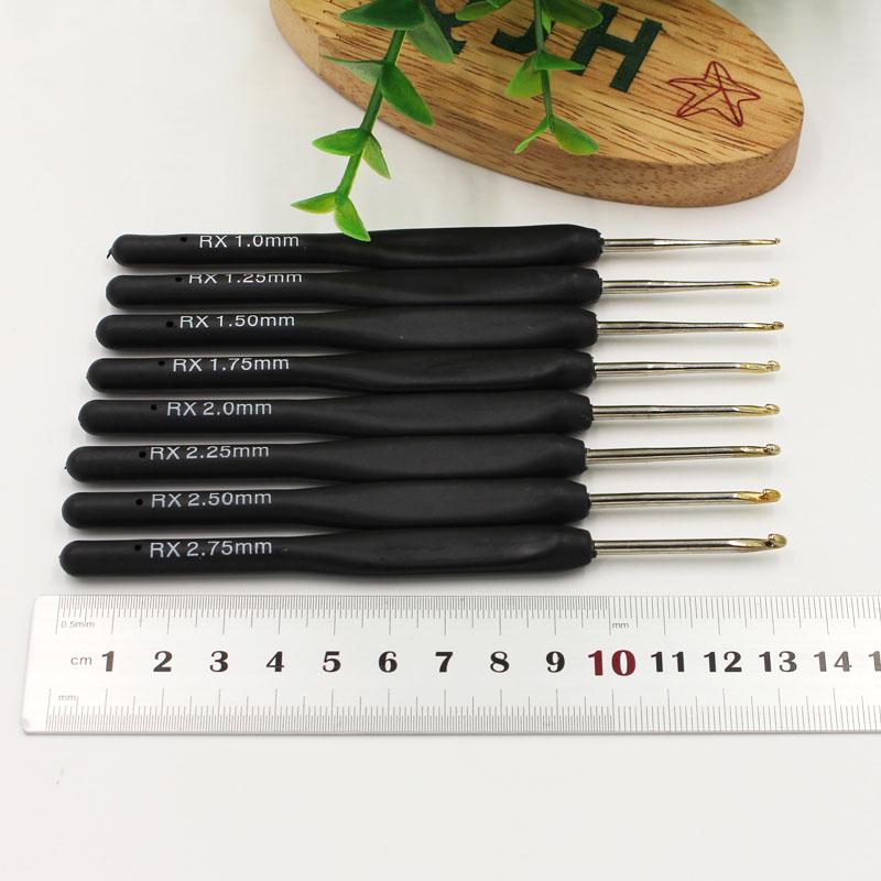 8pcs Thin Head Crochet Hooks Set, Sizes 1.0-2.75mm Black Plastic Handle Aluminum Hook Knitting Needles, Diy Weaving Craft Tool