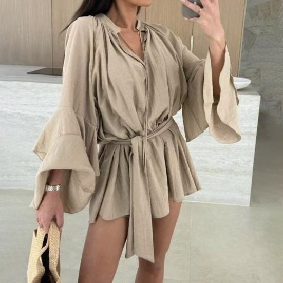 Summer Ruffle Long Sleeve Dress for Women Casual V Neck