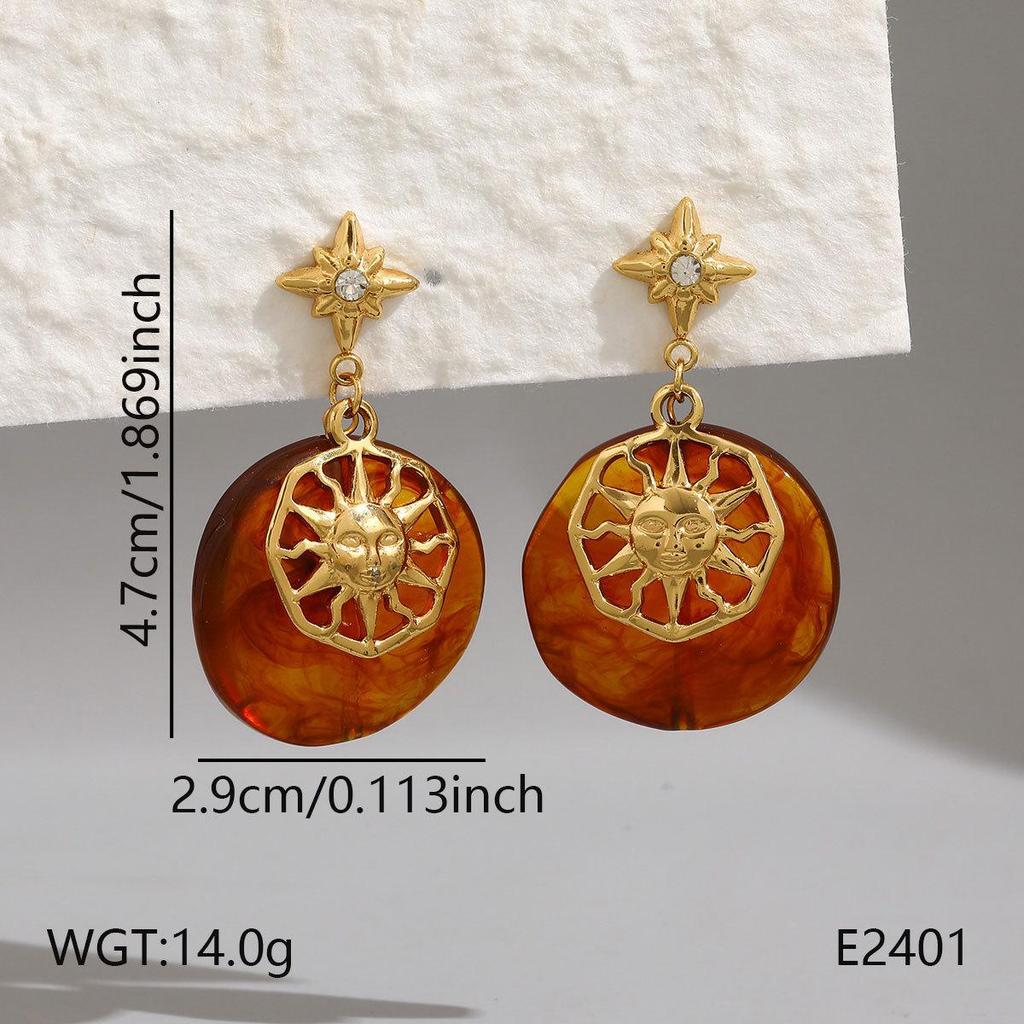 Vintage Amber Gradient Flower & Heart Stainless Steel Stud Earrings with Sun Pattern