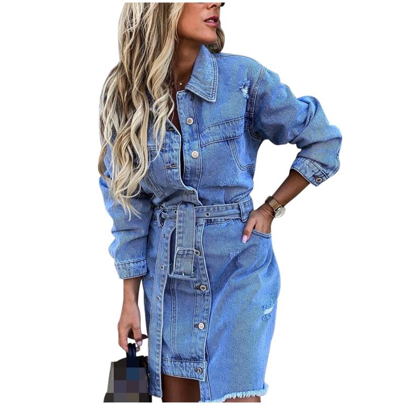 Slim Fit Denim Shirt Collar Long Sleeve Single Breasted Button Dress 2026 Spring Autumn Fashion Women's Dress Elegant Fashion Style