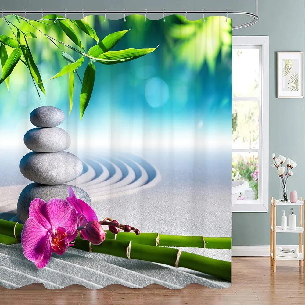

Дзен Занавеска для душа Лотосовый Пейзаж Занавеска для душа Медитация Дзен Камень Зеленый Бамбук Цветок Растение Занавески для душа Декор Ванной 90x180cm35x71in