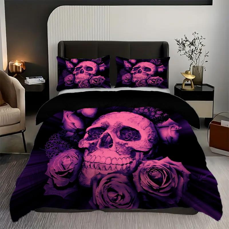 Comforter Violet Rose Golden Skull Pattern 3D Print Halloween Gothic Style Bedding Set With Polyester