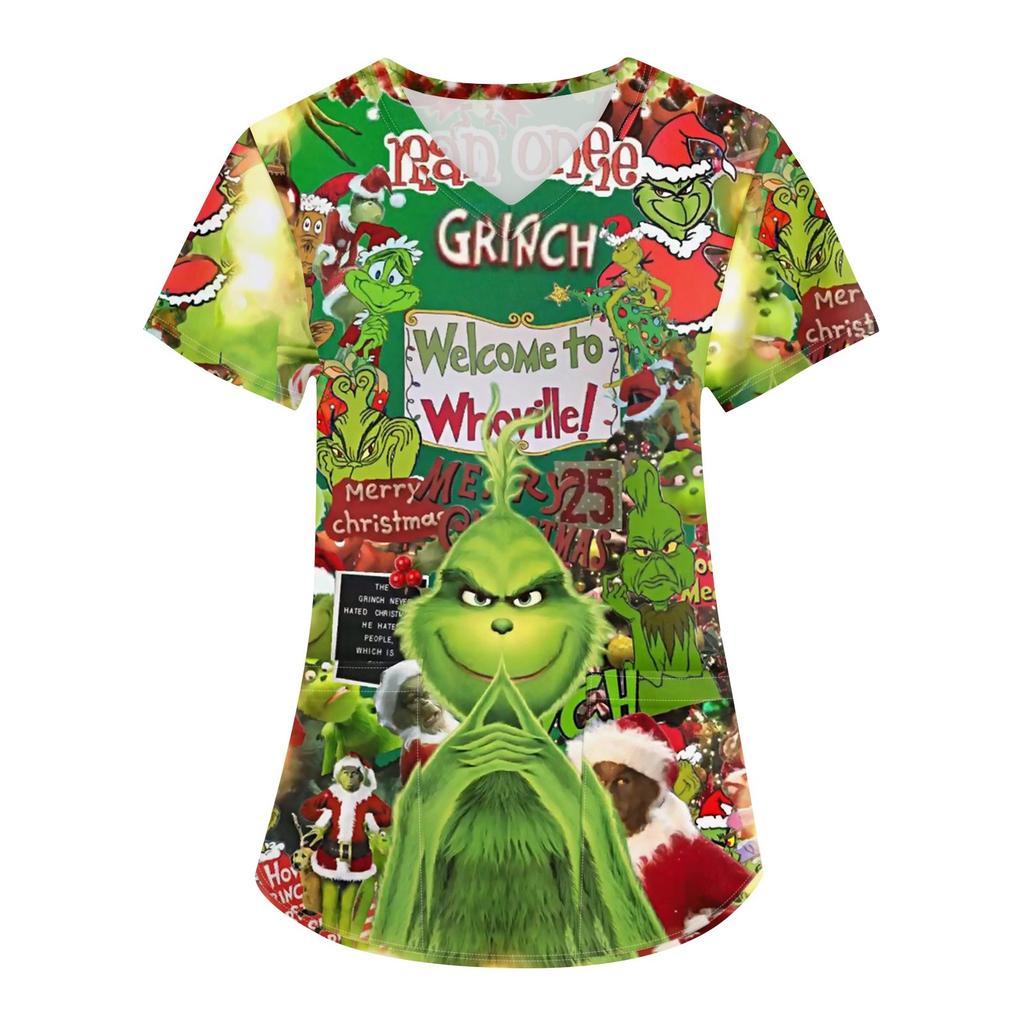 Uniforme da lavoro da donna con stampa natalizia, uniforme da lavoro con scollo a V e taschino protettivo