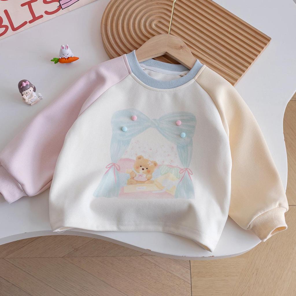 Mädchen Herbst Farbblock Bär Sweatshirt & Bestickte Weitbein-Jeans Set