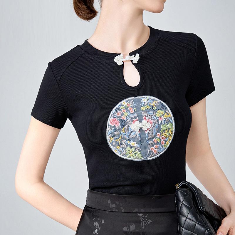Crew Neck T-shirt Women's New Women's Embroidered Short-sleeved T-shirt Temperament Waist Top