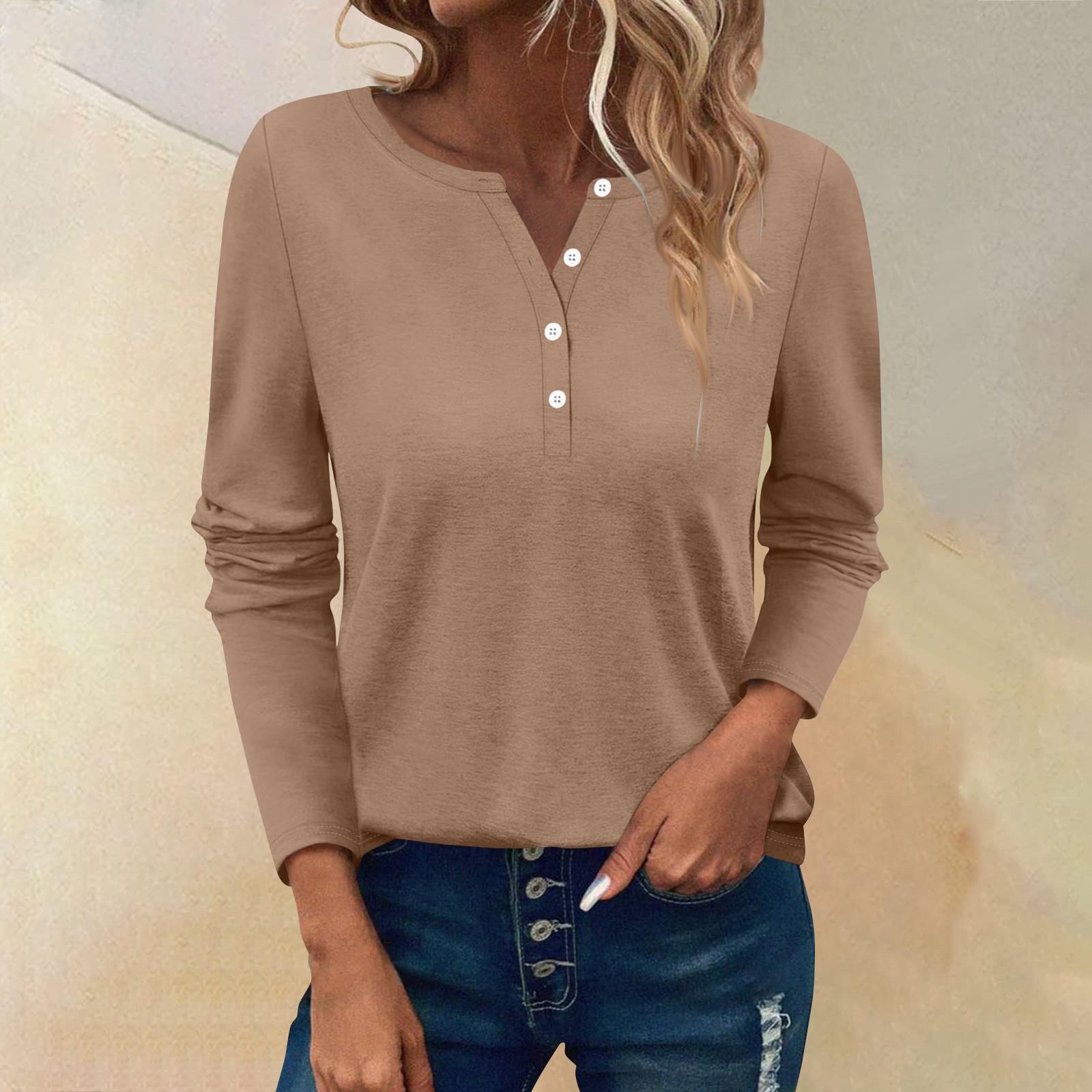 

Женские футболки с длинным рукавом и пуговицами, повседневные туники с V-образным вырезом, женские повседневные топы M коричневый