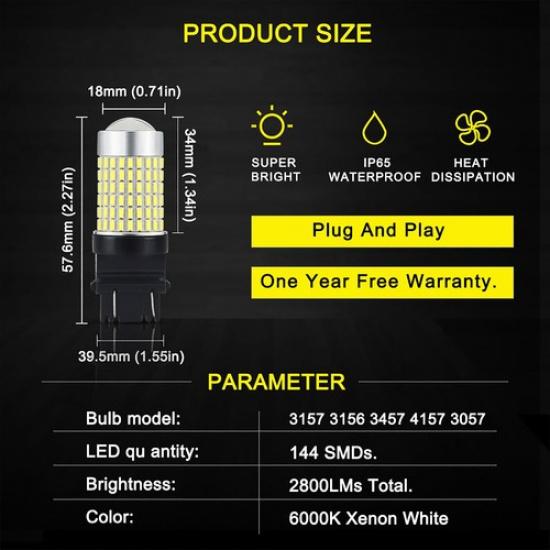 2X 3157 3156 Back Up Reverse Light LED Turn Signal Light White 144SMD EA