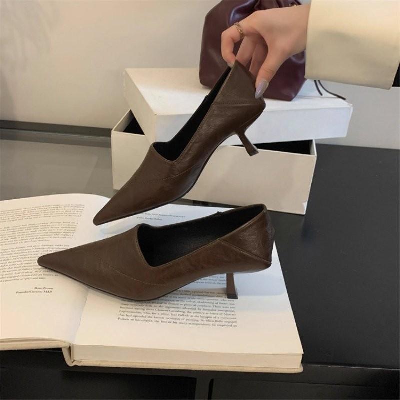 French style stiletto deep mouth stiletto high heels women's 2026 spring and autumn versatile temperament brown single shoes