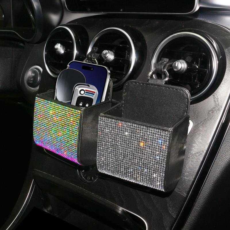 Rhinestone Leather Car Air Vent Organizer Bag - Multifunctional Lambskin Storage Box