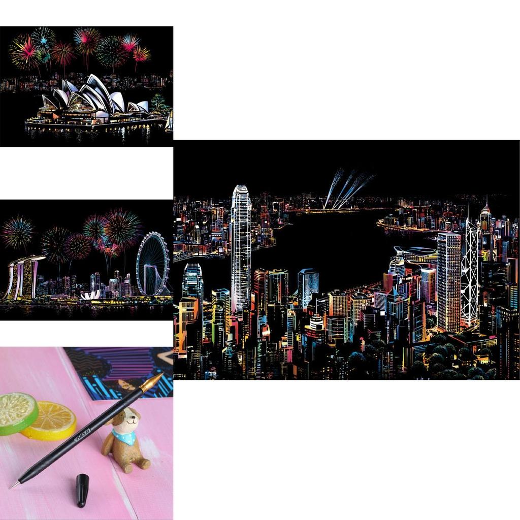 Tablero de Papel para Pintar Paisaje Nocturno con Arte Mágico Rasca Premium Para Actividades Educativas Atractivas