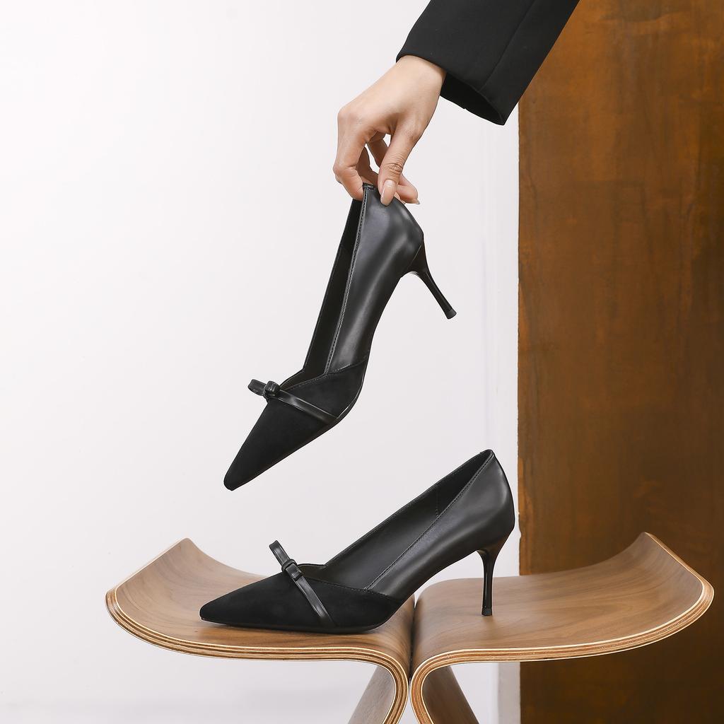 78823 [sheepskin] high heels women's thin heels 2025 new pointed leopard print light mouth bow single shoes