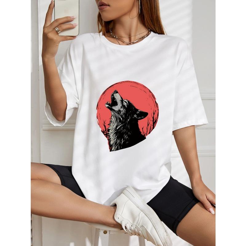 Wolf Howling Graphic T Shirt White Wolf And Red Moon Print Casual Summer Wear For Women