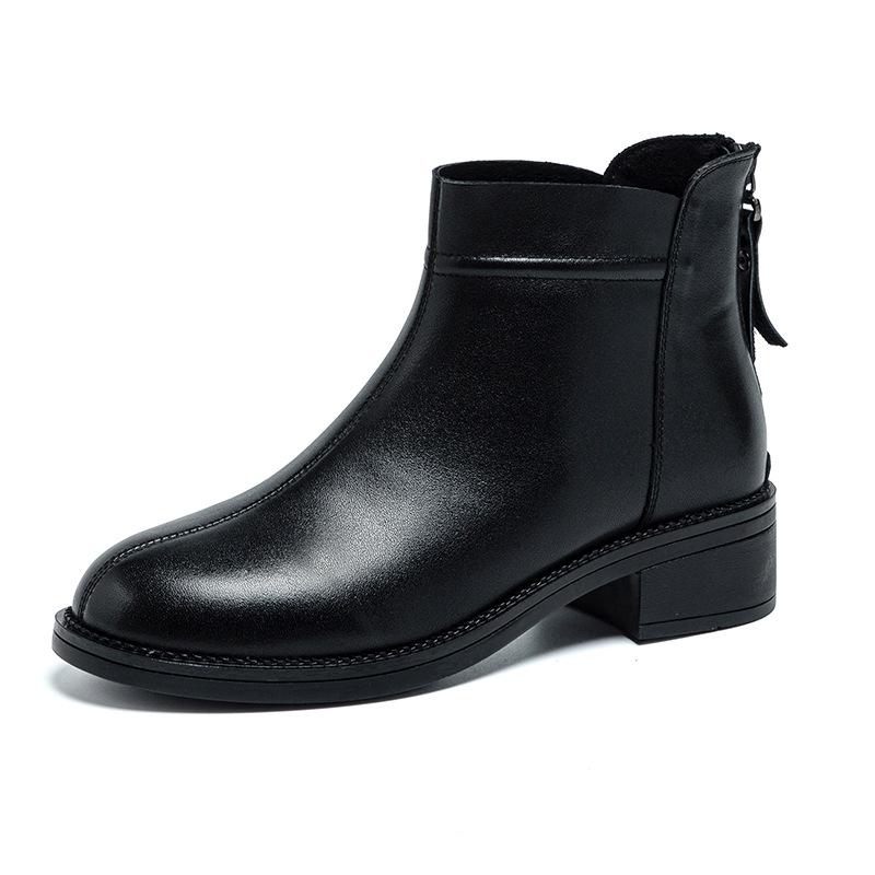 Leather Black Short Boots Women's Coarse Heel Soft Sole Autumn and Winter Fashion Single Boots Casual Martin Boots Versatile Medium Heel Skinny Boots