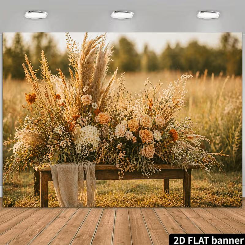 2D Sunset Meadow Floral Background Banner, Boho Pampas Grass Backdrop for Outdoor Photoshoot 47.2x31.5inch/120*80cm