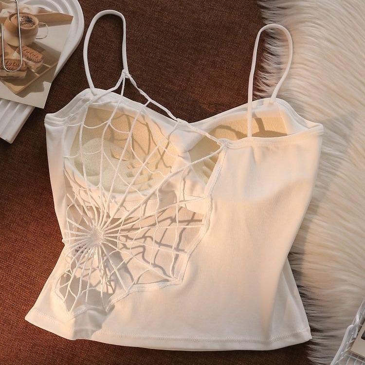 Women's White Strapless Camisole: Summer Innerwear with Built-in Bra Pads, Spiderweb Back Design for a Sweet and Spicy Look