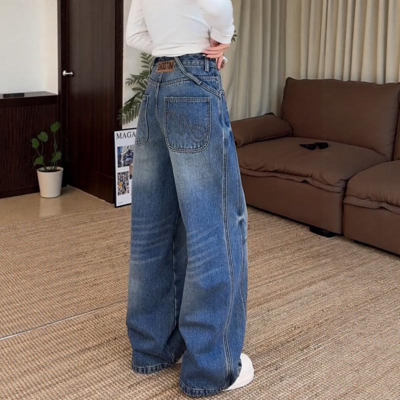 Plus Size Retro Wide-Leg Fleece-Lined Denim Pants for Women - Autumn/Winter