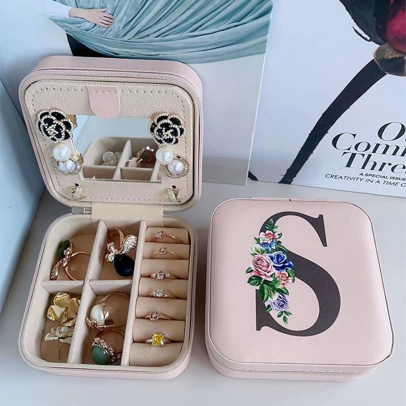 PU Leather Jewelry Box Mirror Storage Box 26 Letter Printed Portable Jewelry Organizer Earring Ring Necklace Case