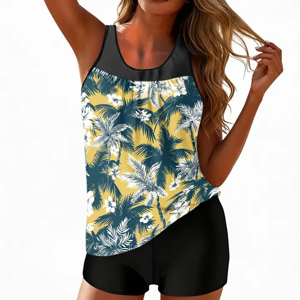 Women’s Tankini Swimsuit Two Piece Set with Floral Print Sleeveless Top and Boyshorts Swimwear for Pool Beach