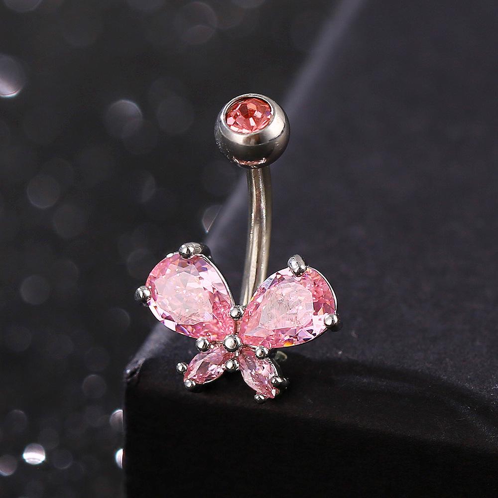 Zircon Butterfly Inlay Belly Button Ring - European & American Style, Stainless Steel Navel Piercing Jewelry.