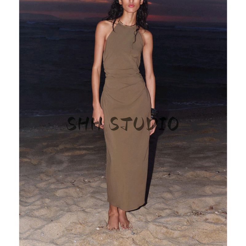 Summer New Product Women's Clothes American Ruched Decorative Accessories Elegant Hanging Collar Midi Skirt Dress 3564092