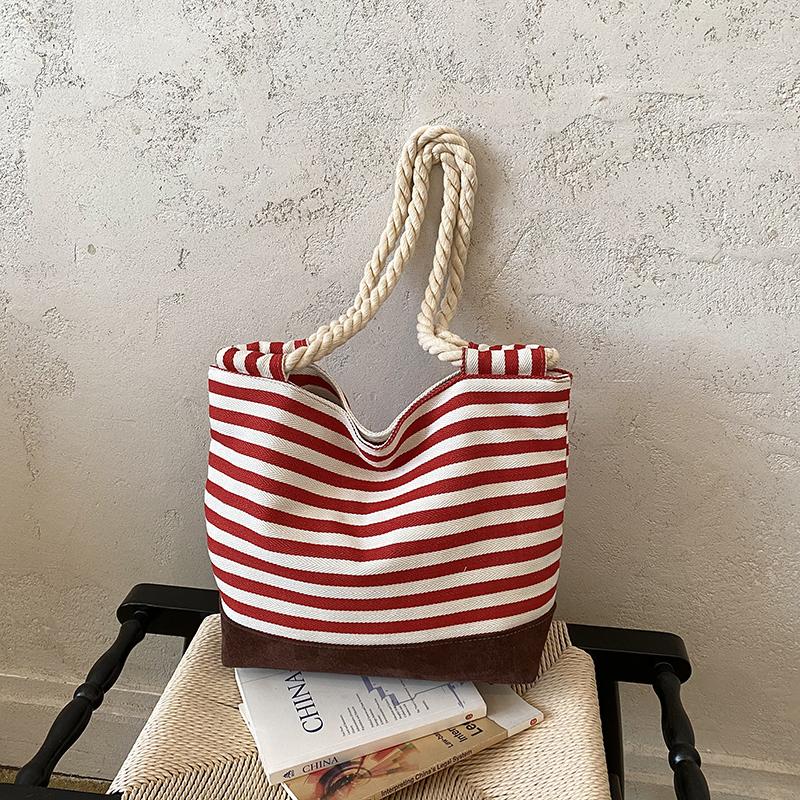 Striped Tote Bag Rope Handle Casual Beach Shoulder Purse Large Capacity