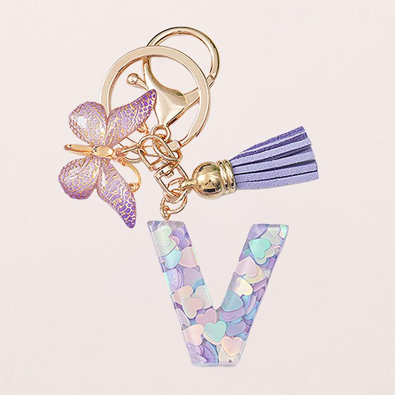 A-Z Letters Keychain Pendant Purple Butterfly Letter Keychain For Girls Women Exquisite Backpack Decoration Accessories Gifts