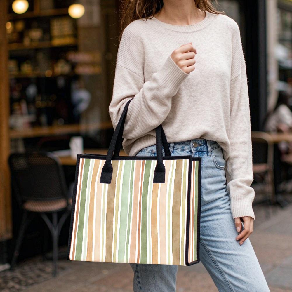 Casual Striped Tote Bag Large Capacity Daily Shoulder Bag For Women Fashion Lightweight Commute Shopping Bag