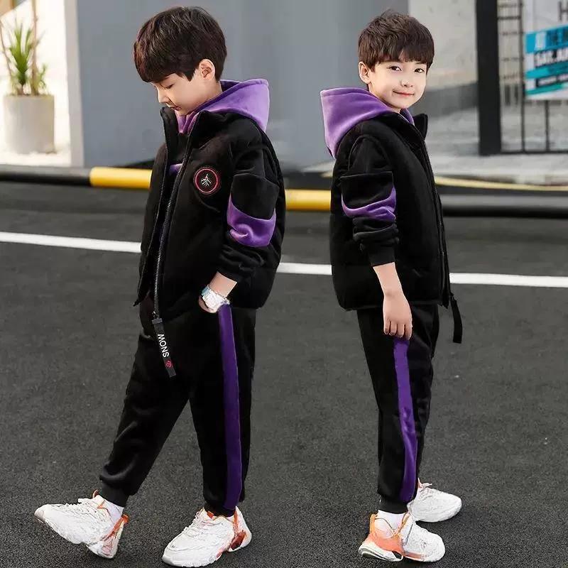 Boys' Suit with Plush and Thickened Autumn and Winter Clothing, Mid Size Children's Clothing, Boys' Hoodie Three Piece Set, Cool and Trendy