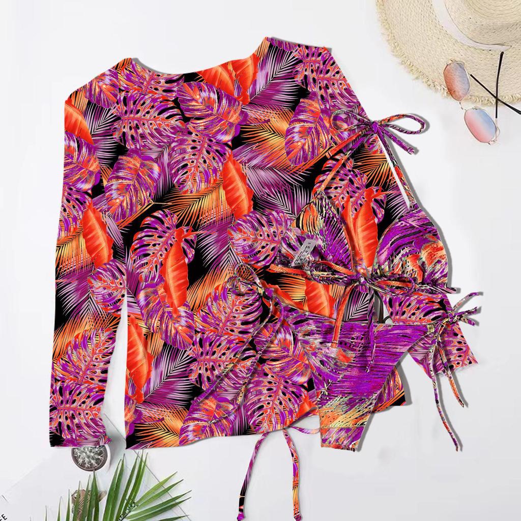 New Print Mesh Sun Protection Three-Piece Bikini Swimwear