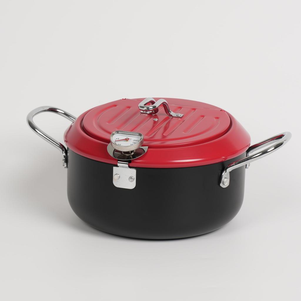 IH & Gas Stove Compatible Iron Deep Fryer Pan with Guard Frame, Tray Lid, and Thermometer - 20cm (Red)