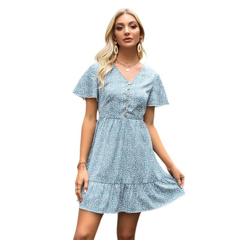 Summer Short-sleeved Floral Dress Blue V-neck Pleated Loose Dresses Chic Comfortable and Versatile Temperament Elegant Casual Women's Clothing