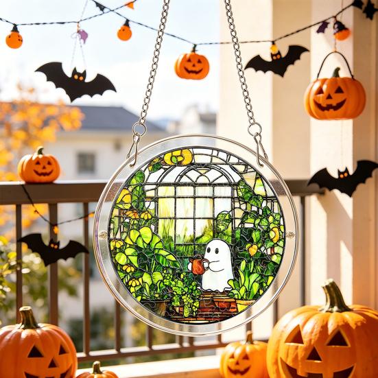 Halloween Acrylic Puzzle Decor, 2D Ghost Pumpkin Skeleton Hanging Sign, Faux Stained Glass Spooky Puzzle for Party Home Decor, Stress Relief Toy