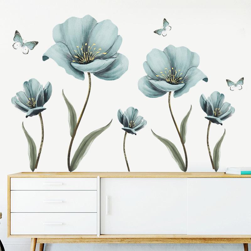 2 Stück/Set Blau Bemalte Blume Tapete Schlafzimmer Veranda Heim Wandverschönerung Dekorative Wandaufkleber