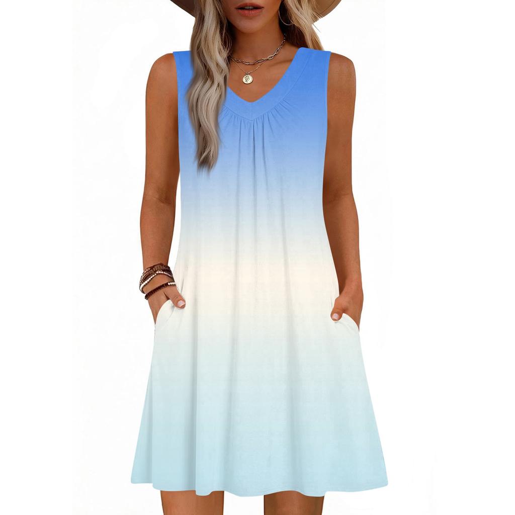 Dámské módní letní tílko bez rukávů s V-výstřihem, s kapsou, ležérní volné šaty