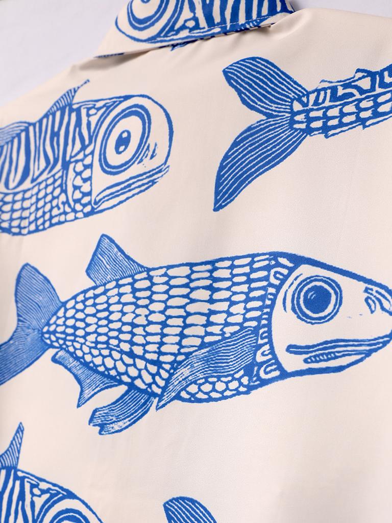 Übergroßes, lockeres Vintage-Kurzarmhemd mit Karpfen-Vollfisch-Print für Herren, lockeres Sommerhemd, trendiges Streetwear-Oberteil für Männer