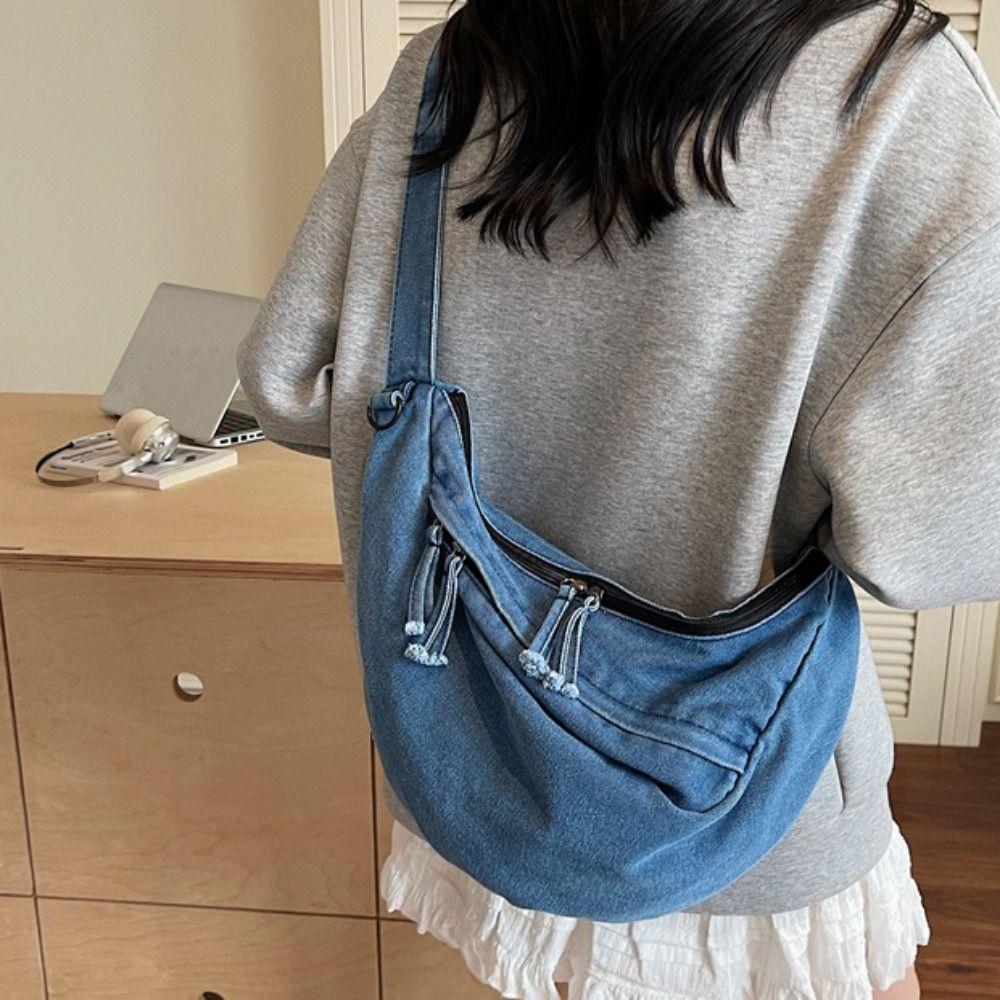 Leisure American Style Canvas Dumpling Bag Adjustable Strap Harajuku Denim Crossbody Bag Zipper Retro Handbag Women
