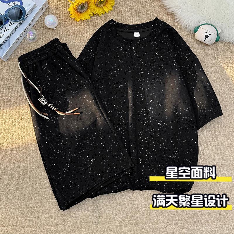 Completo Manica Corta Uomo Moda Diamante Scollo a O Maglietta a Manica Corta Larga Casual High Street Pantaloncini Neri con Coulisse