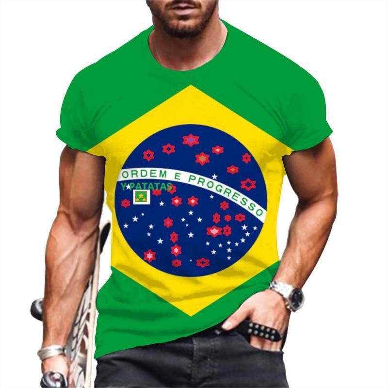 Summer Round Neck 3D Brazilian Flag Football Jersey Print Top Fashionable Casual Short Sleeved Men's T-shirts